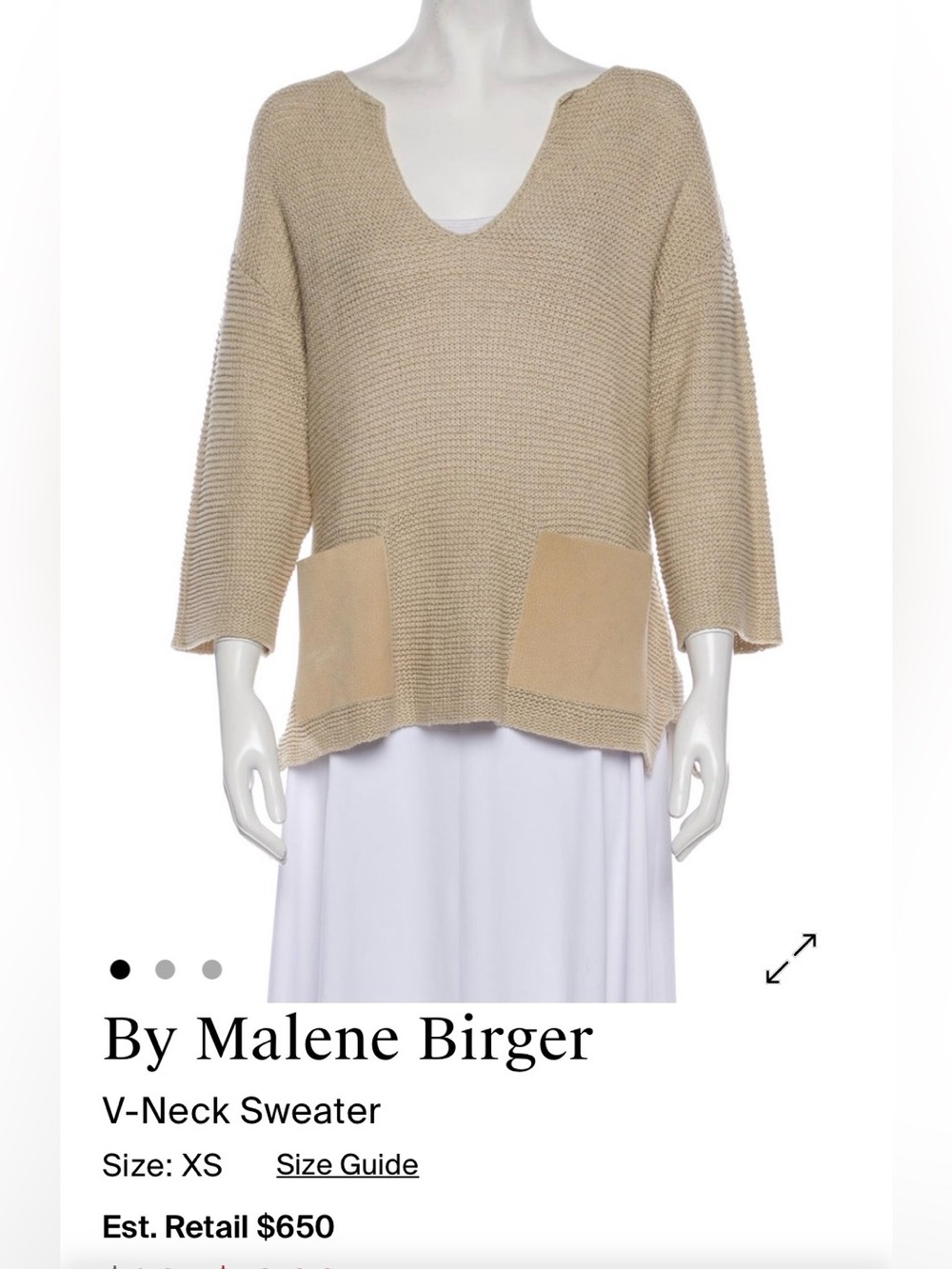 By Malene Birger Cream-Beige V-Neck Sweater with Suede Pockets